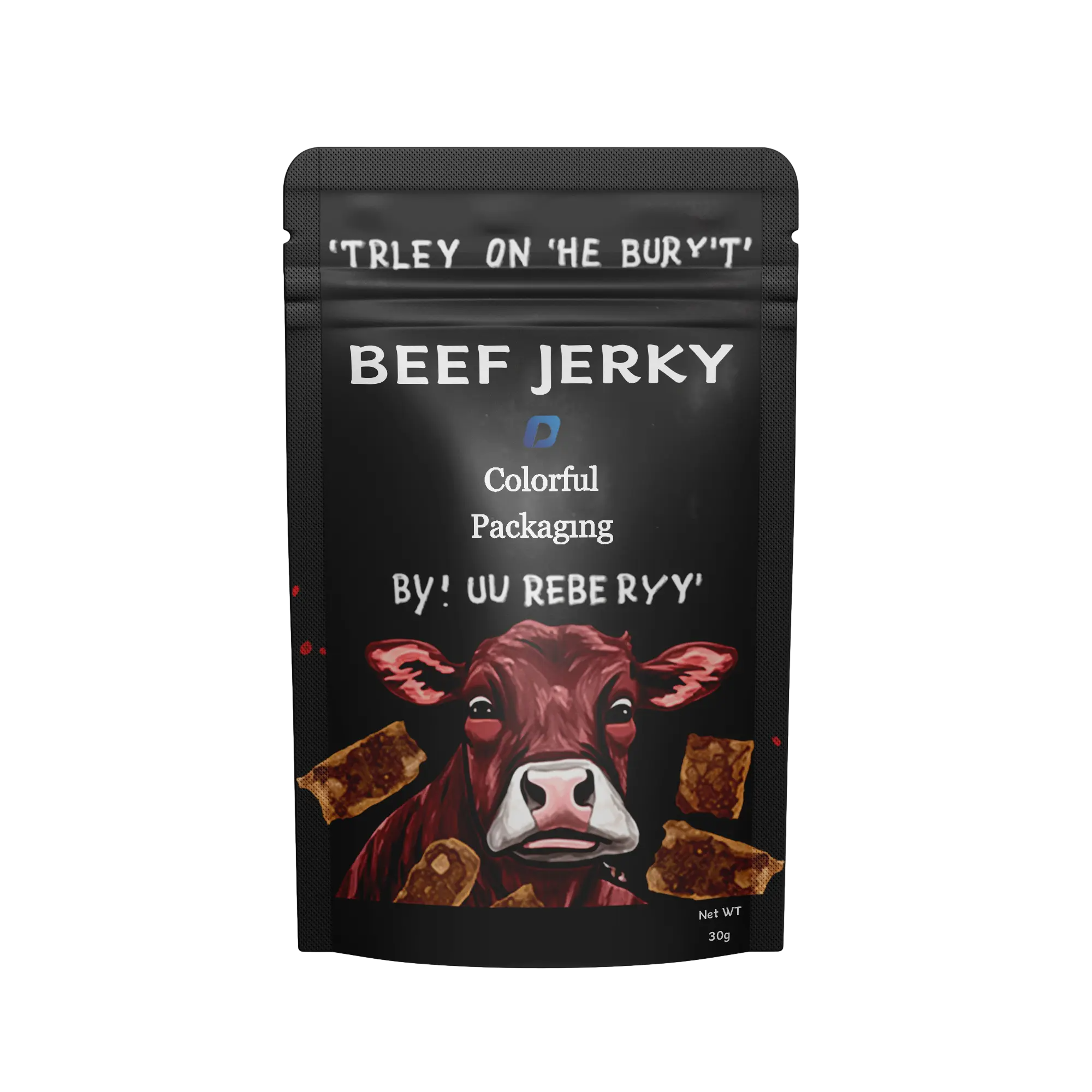 A black beef jerky stand-up pouch