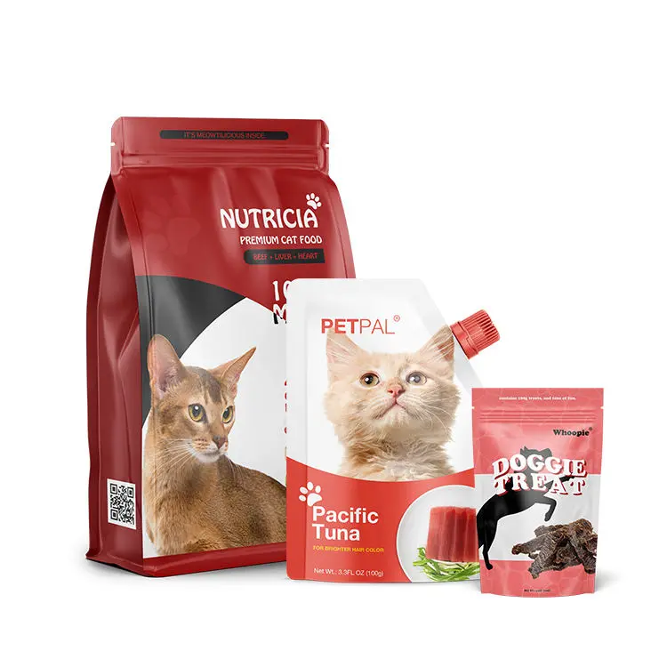 Three different shapes of pet food bags Three different shapes of pet food bags