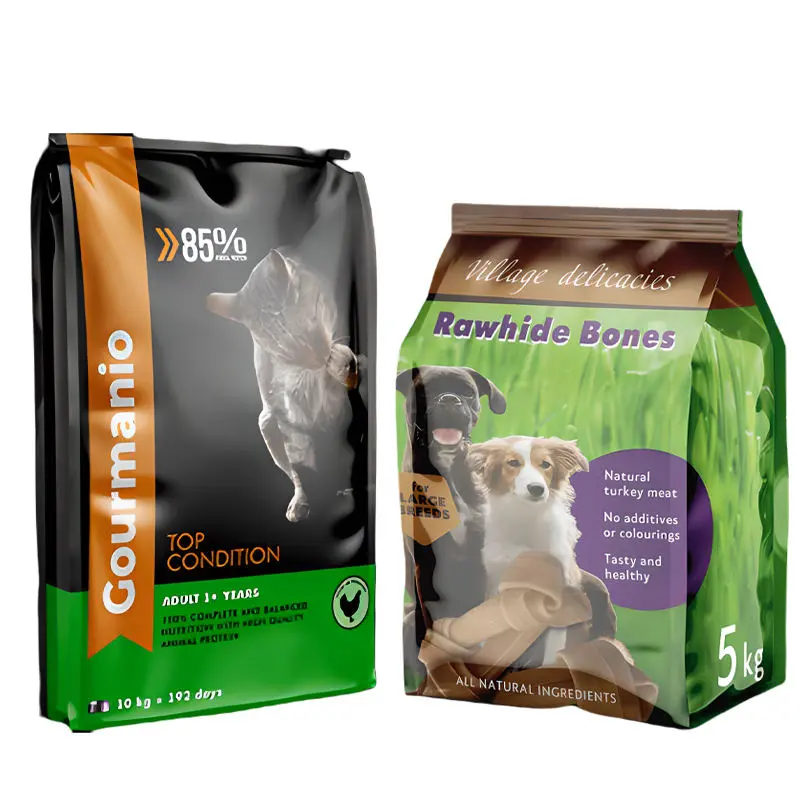 2 dog food bags printed with dog pictures