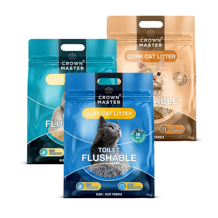 Three cat food bags printed with cat pictures