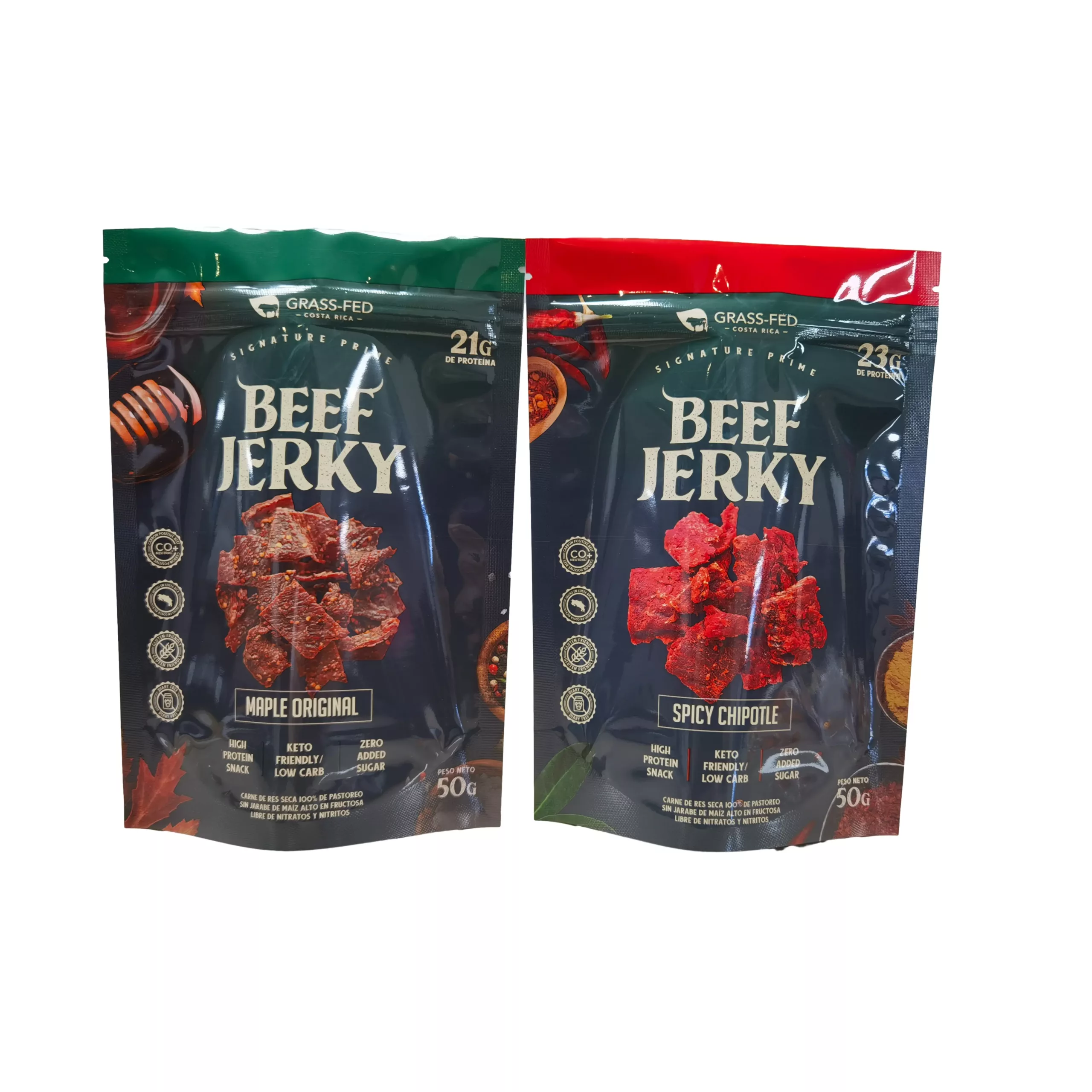 Two beef jerky stand-up pouches