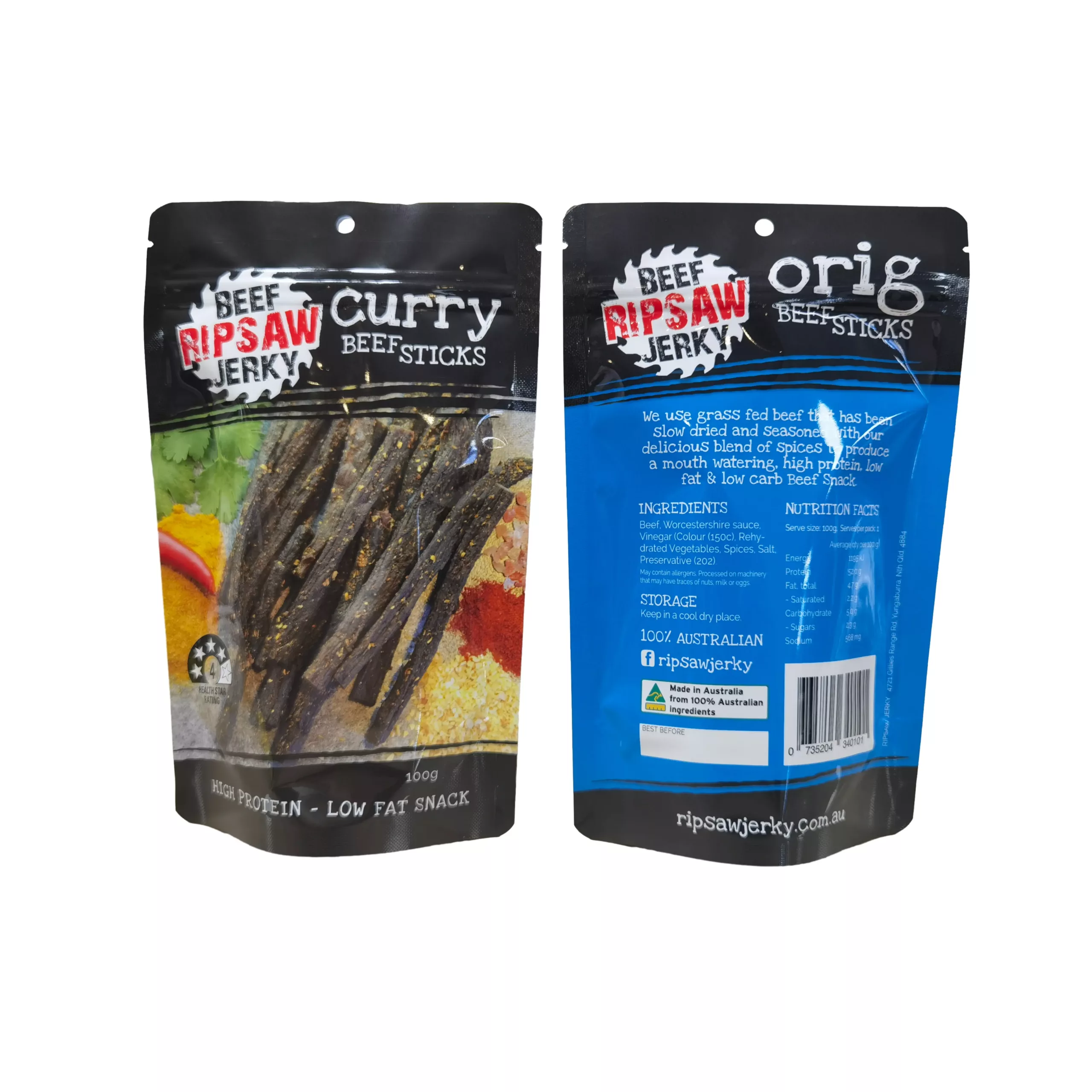 Beef jerky bag front and back display