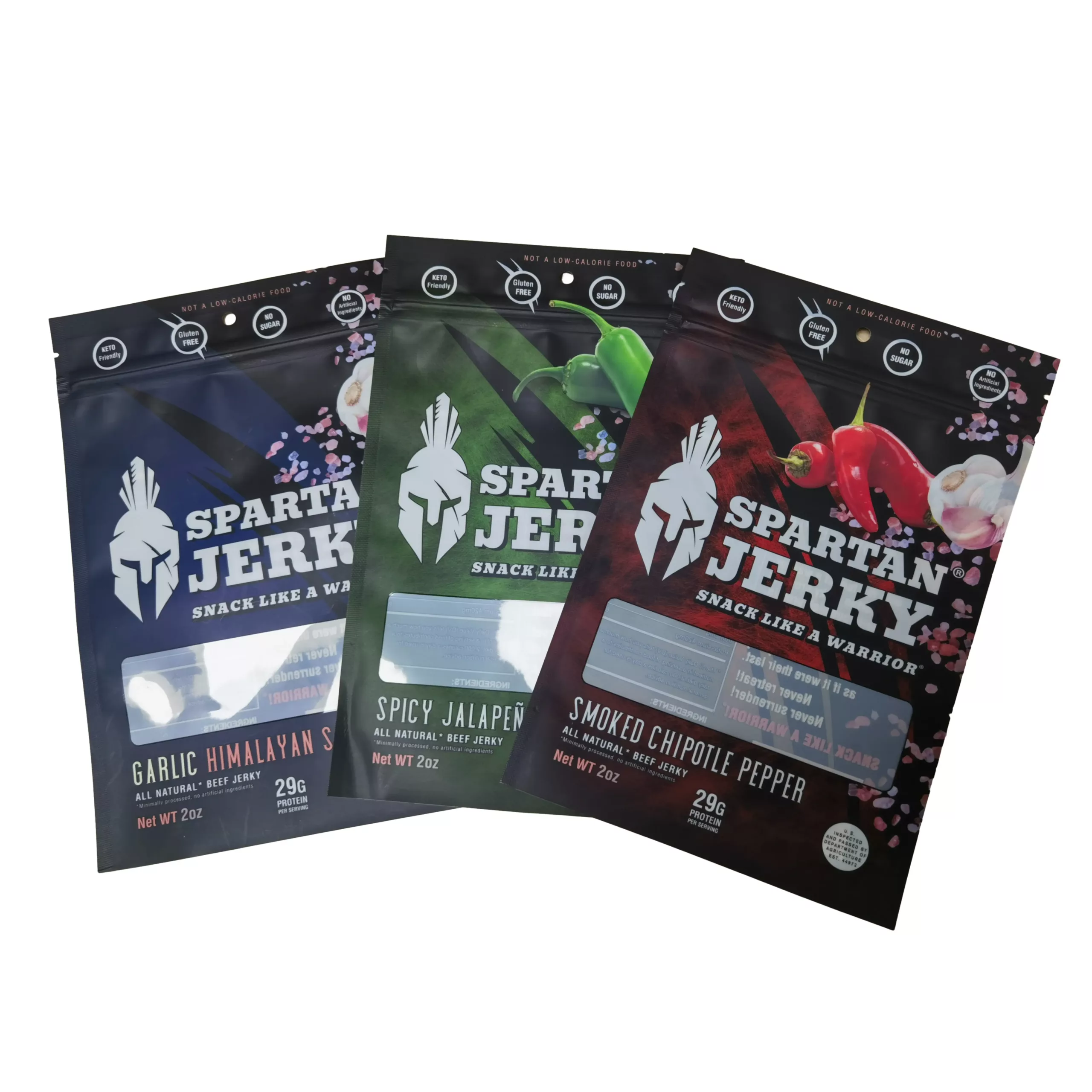 Three flat beef jerky bags