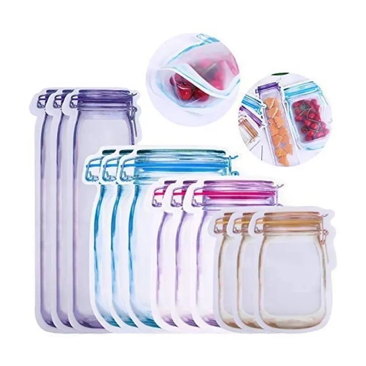 Custom Bottle Shape Reusable Zip Lock Stand up Snacks Packing Clear Self-Adhesive Plastic Mason Jar Bag