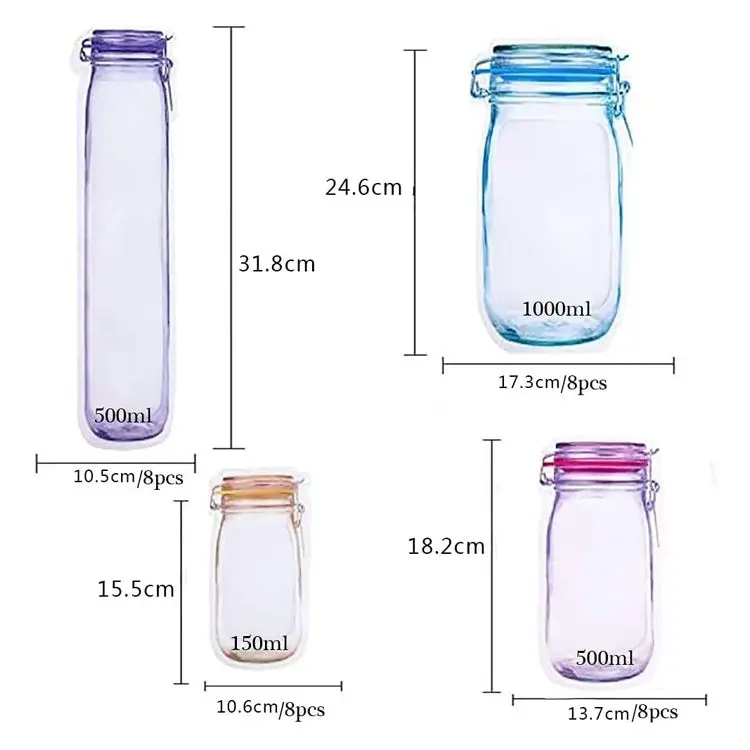 Custom Bottle Shape Reusable Zip Lock Stand up Snacks Packing Clear Self-Adhesive Plastic Mason Jar Bag