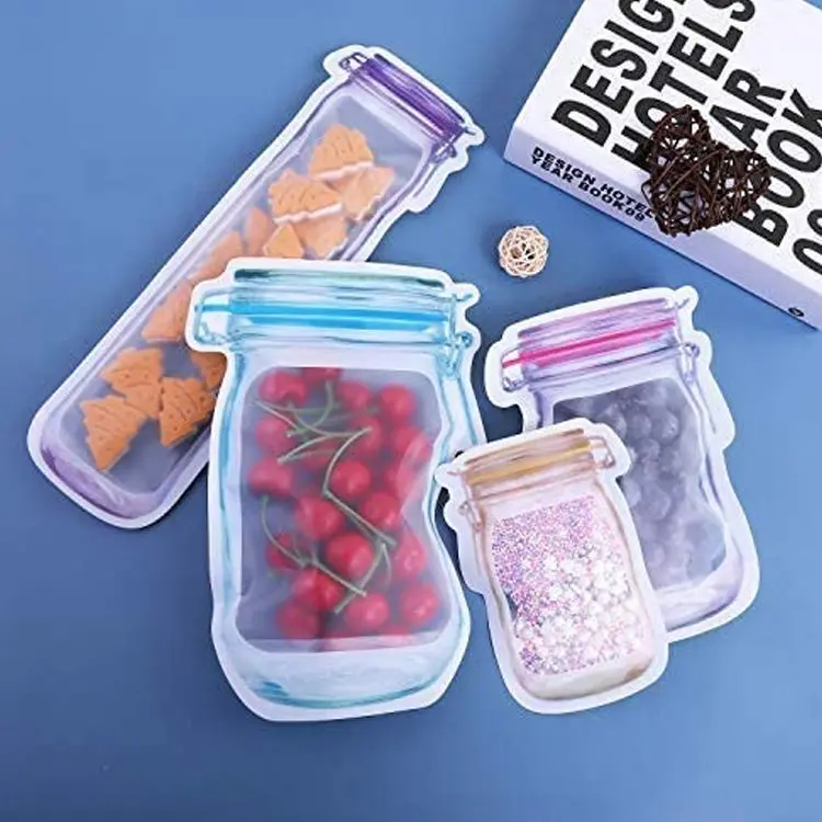 Custom Bottle Shape Reusable Zip Lock Stand up Snacks Packing Clear Self-Adhesive Plastic Mason Jar Bag