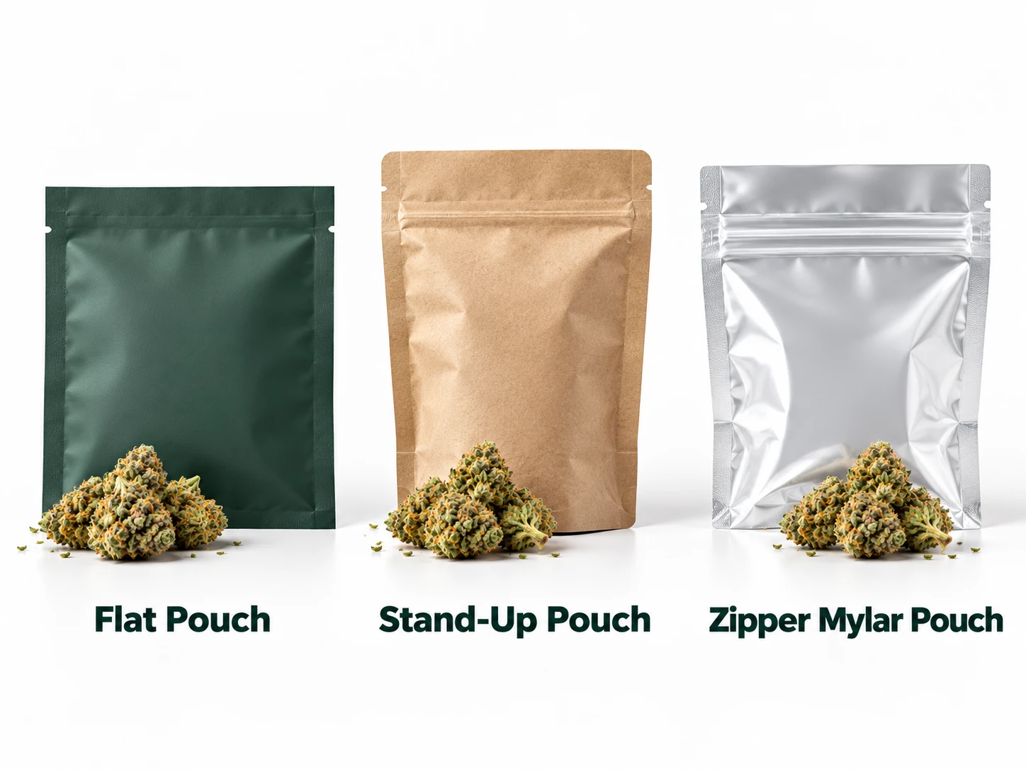 Flat pouch, stand-up pouch, and zipper Mylar pouch for 3.5 gram cannabis packaging
