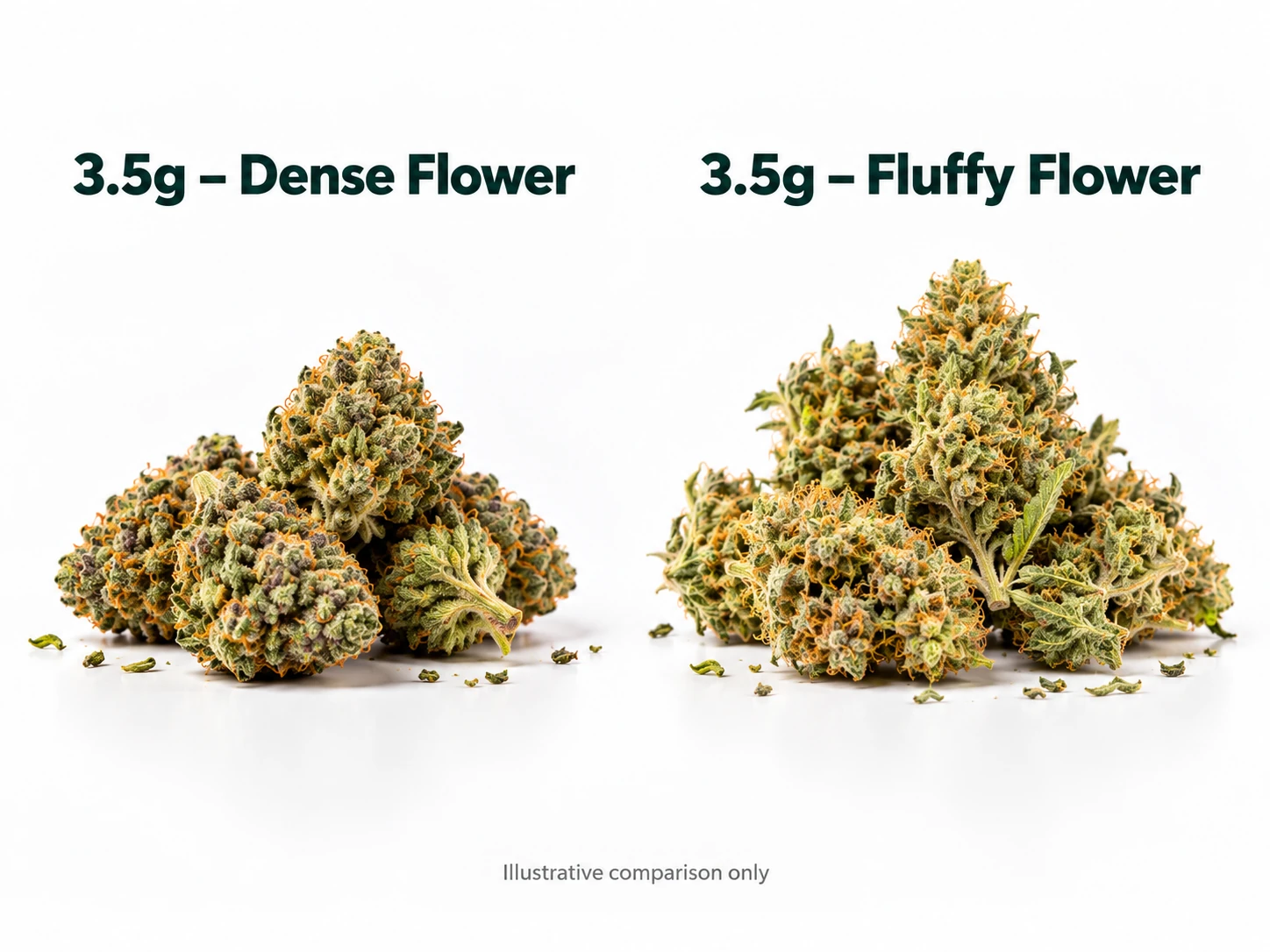 Illustration comparing dense and fluffy cannabis flower at the same 3.5 gram weight
