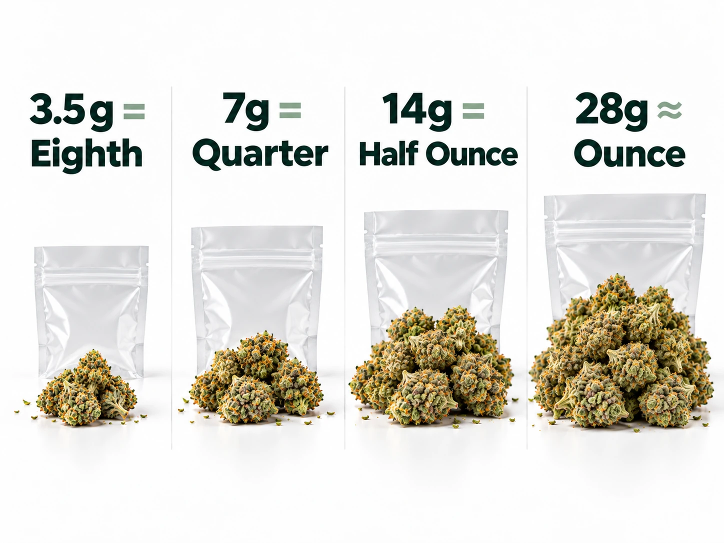 Cannabis weight comparison showing 3.5g, 7g, 14g, and 28g