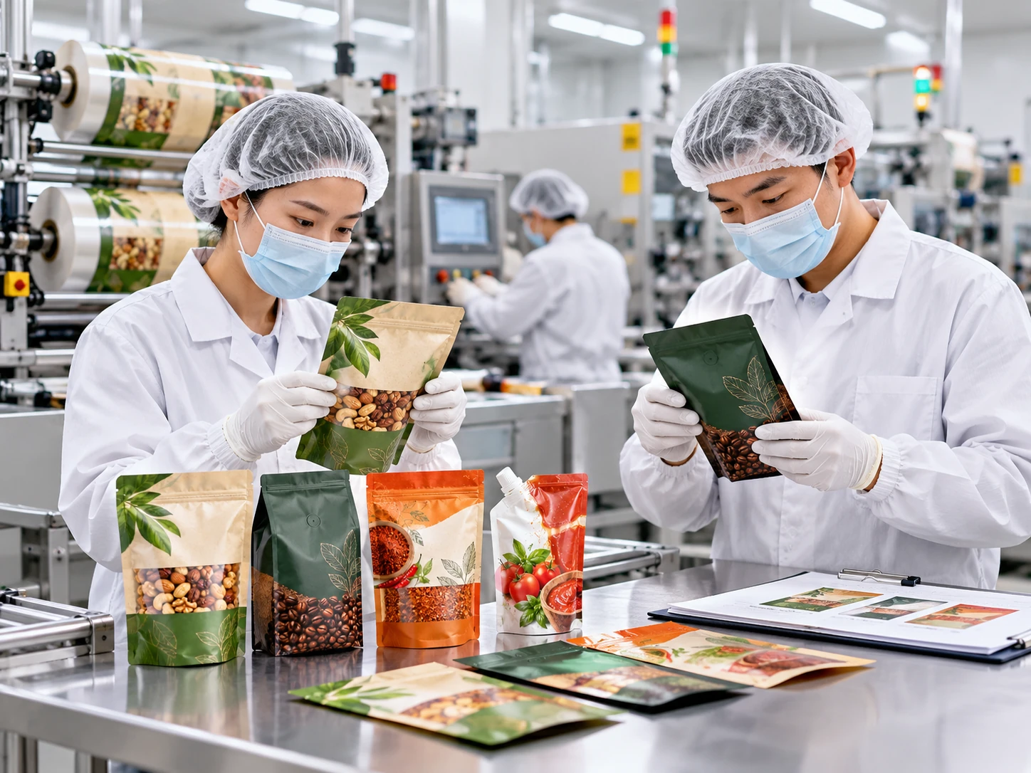 Illustration of workers inspecting custom food packaging pouches in a manufacturing facility