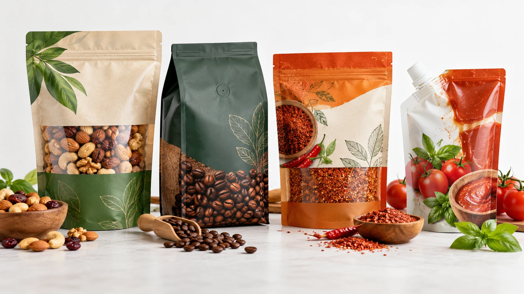 Custom plastic pouches for food packaging in different styles