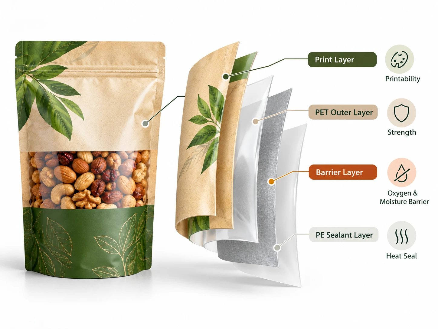 Illustration of multilayer food packaging film with PET, barrier, and PE sealant layers
