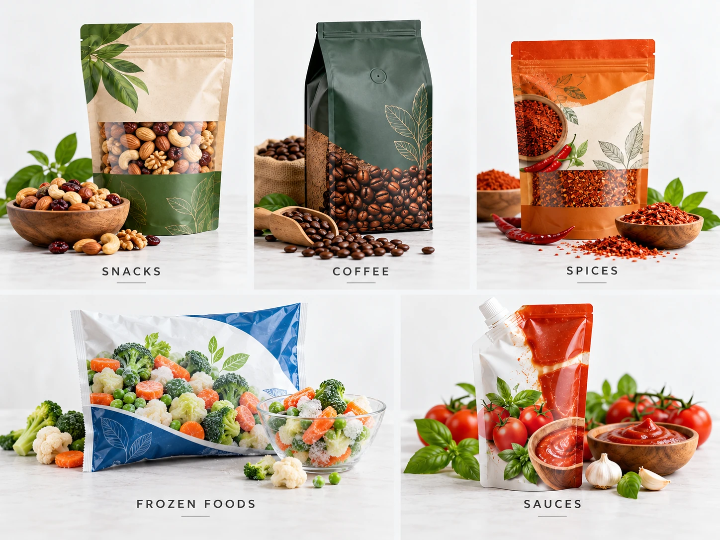 Flexible plastic pouches for snacks, coffee, spices, frozen foods, and sauces