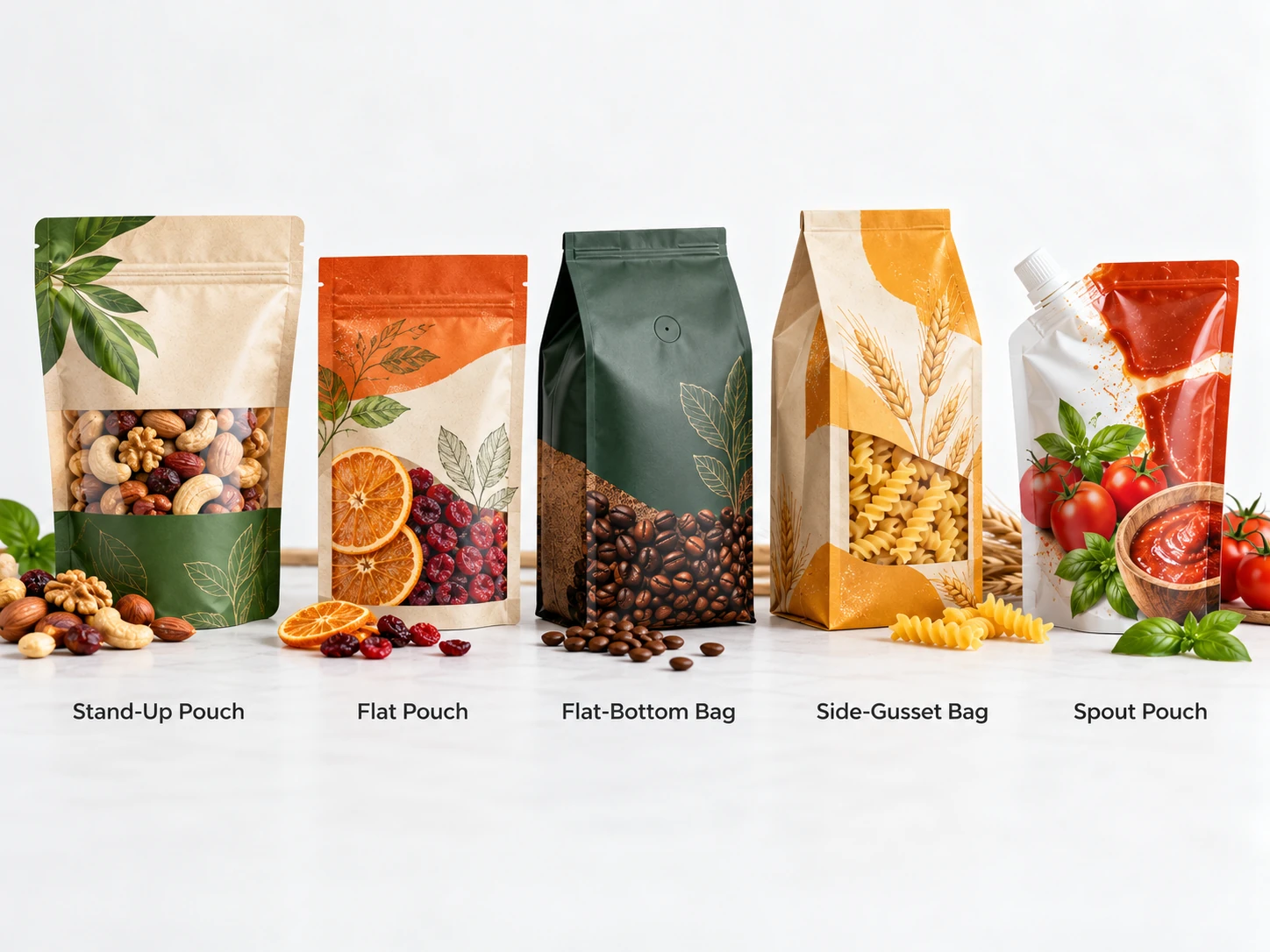 Five types of plastic food packaging pouches including stand-up, flat, flat-bottom, side-gusset, and spout pouches